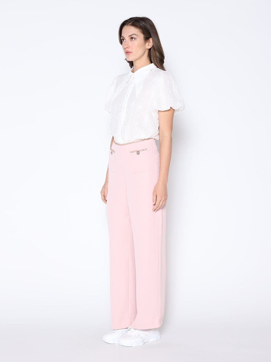 Chain Embellished Waistline Wide Leg Pants PANTS Gracia Fashion 