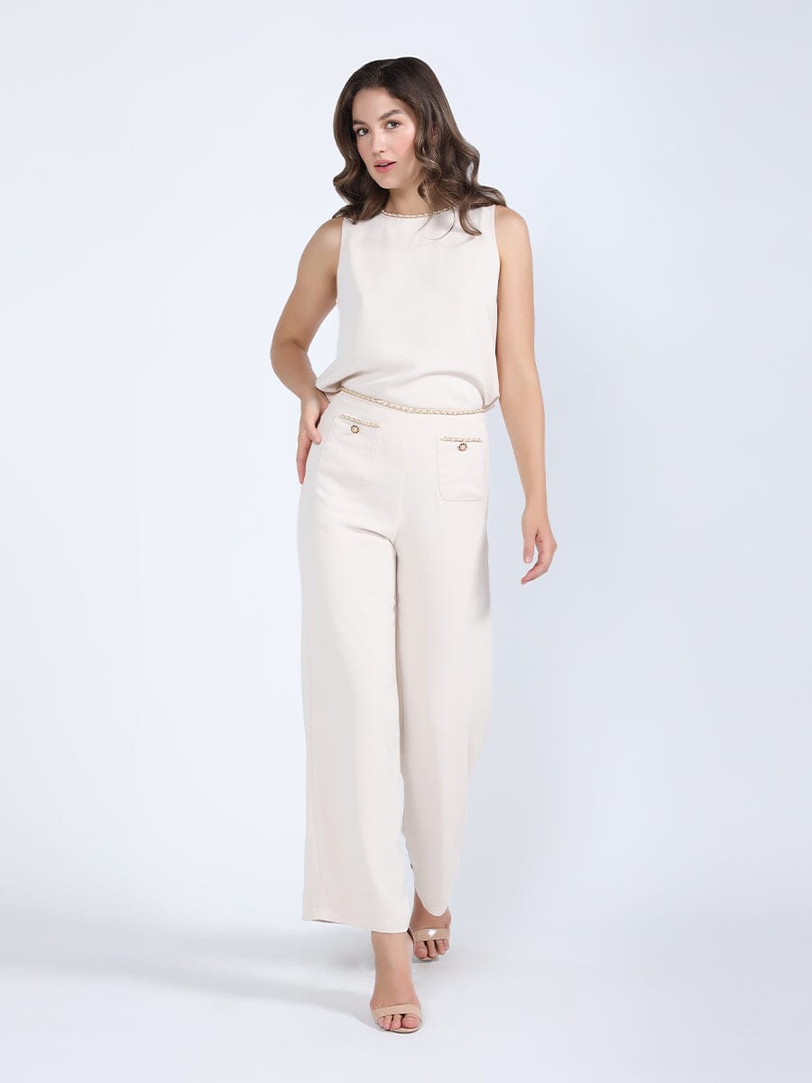 Chain Embellished Waistline Wide Leg Pants PANTS Gracia Fashion 