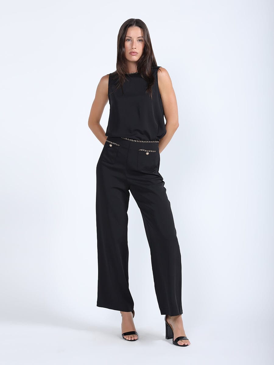 Chain Embellished Waistline Wide Leg Pants PANTS Gracia Fashion 
