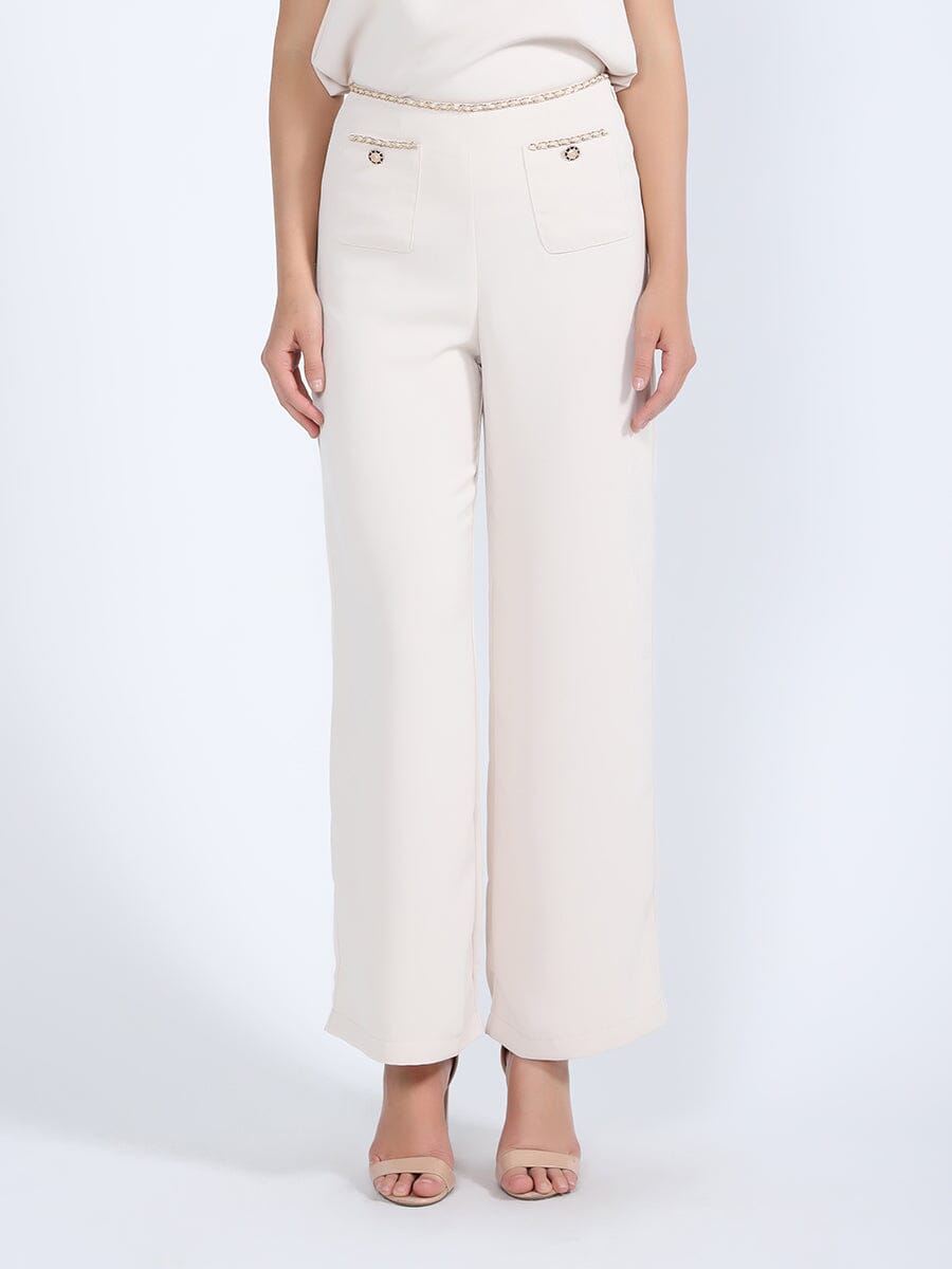 Chain Embellished Waistline Wide Leg Pants PANTS Gracia Fashion BEIGE S 