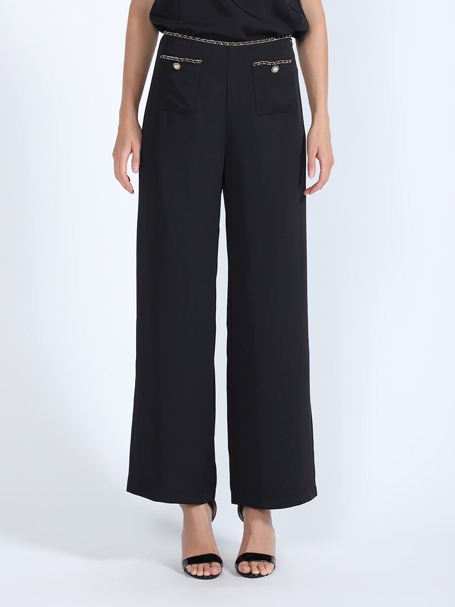 Chain Embellished Waistline Wide Leg Pants PANTS Gracia Fashion BLACK S 