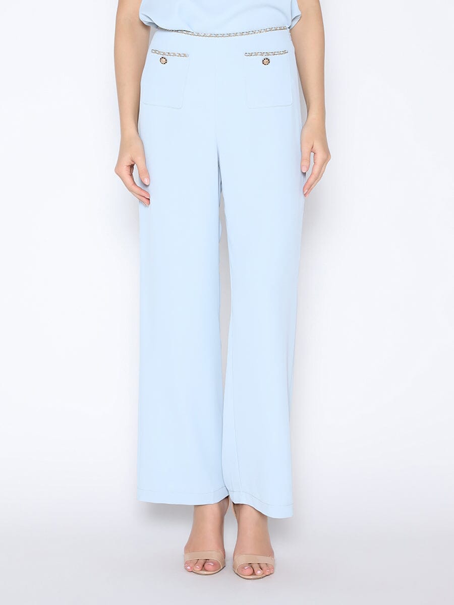 Chain Embellished Waistline Wide Leg Pants PANTS Gracia Fashion L/BLUE S 