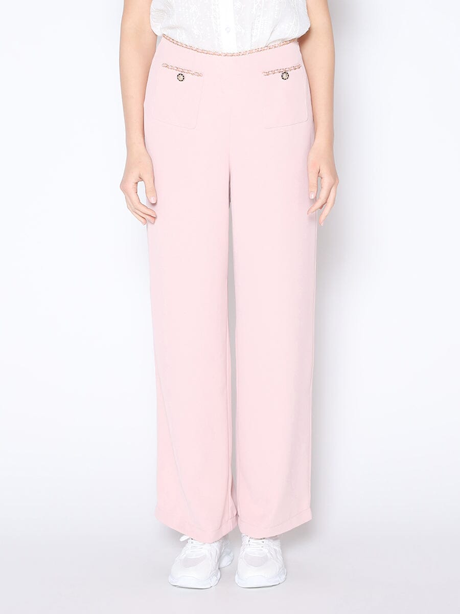 Chain Embellished Waistline Wide Leg Pants - Gracia Fashion