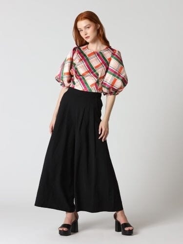 Check Pattern Puff Sleeve Peplum Top Gracia Fashion