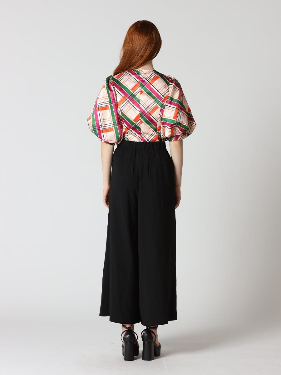 Check Pattern Puff Sleeve Peplum Top TOP Gracia Fashion 