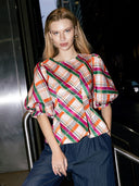 Check Pattern Puff Sleeve Peplum Top TOP Gracia Fashion BEIGE S 