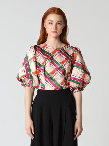 Check Pattern Puff Sleeve Peplum Top TOP Gracia Fashion BEIGE S 