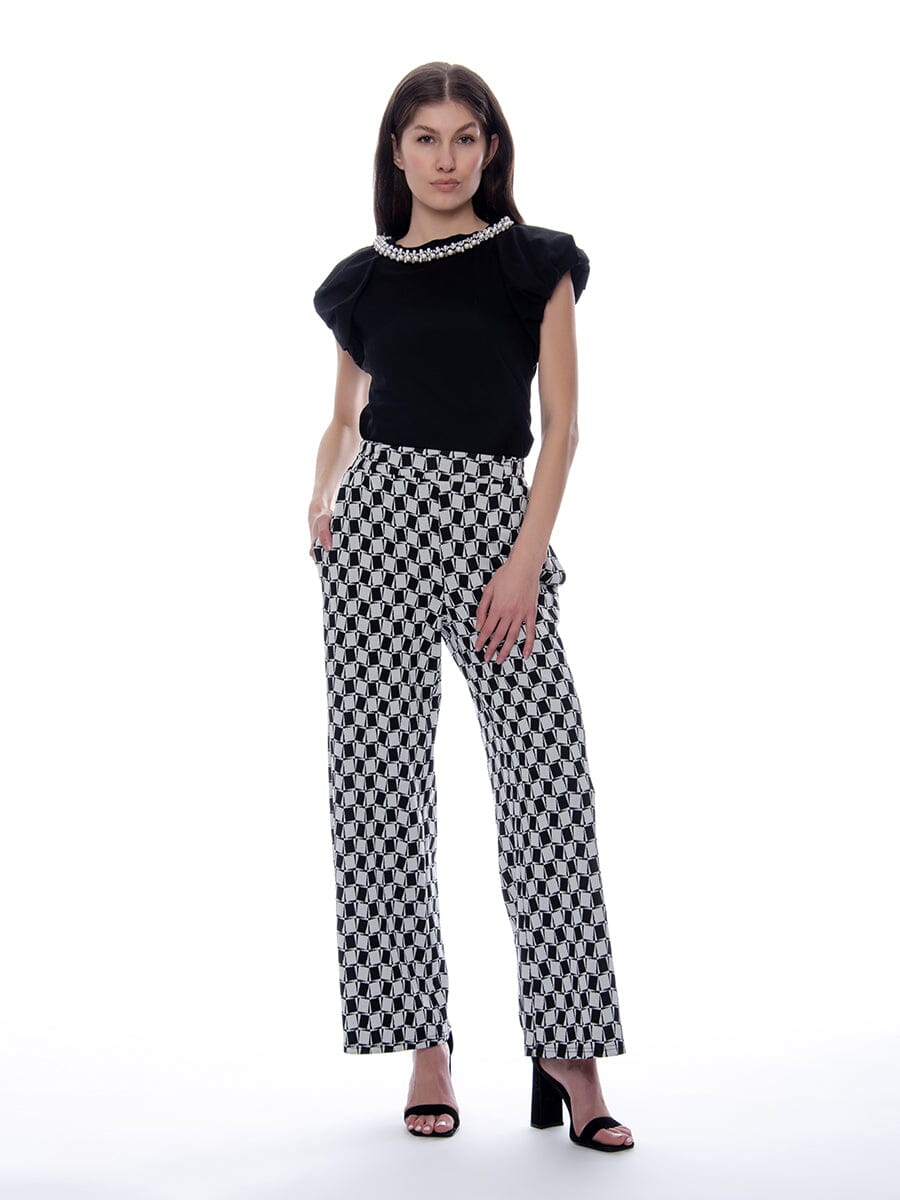 Check Pattern Style Pajam Set Pants PANTS Gracia Fashion BLACK/WHITE S 