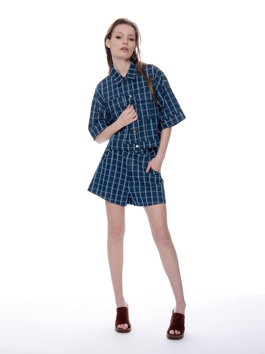 Check Print Denim Short Pants PANTS Gracia Fashion 