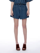 Check Print Denim Short Pants PANTS Gracia Fashion DENIM BLUE S 