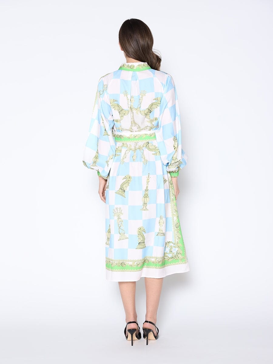 Checkmate Print Long Sleeve Tie Belted Dress DRESS Gracia Fashion 