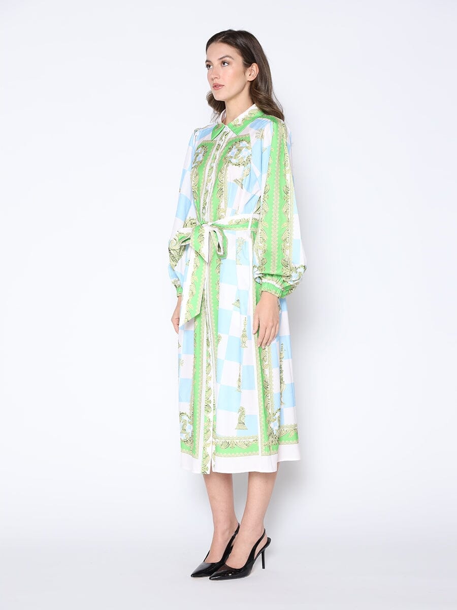 Checkmate Print Long Sleeve Tie Belted Dress DRESS Gracia Fashion 