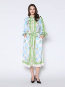 Checkmate Print Long Sleeve Tie Belted Dress DRESS Gracia Fashion 
