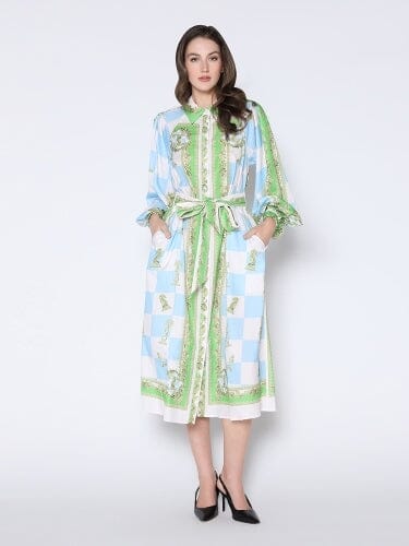 Checkmate Print Long Sleeve Tie Belted Dress DRESS Gracia Fashion BLUE S 