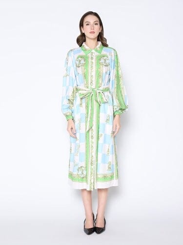 Checkmate Print Long Sleeve Tie Belted Dress DRESS Gracia Fashion BLUE S 