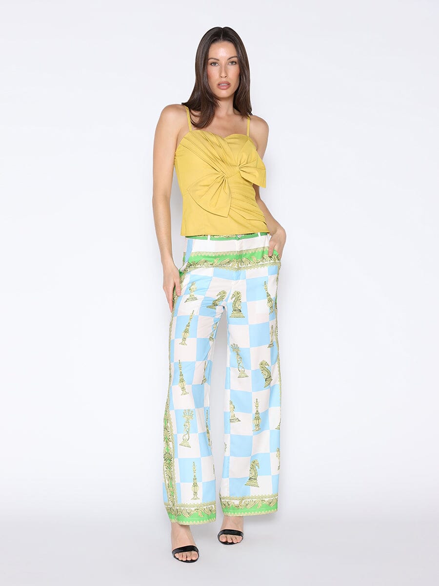 Checkmate Print Satin Pajama Pants SET Gracia Fashion BLUE S 