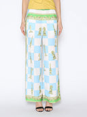 Checkmate Print Satin Pajama Pants SET Gracia Fashion BLUE S 