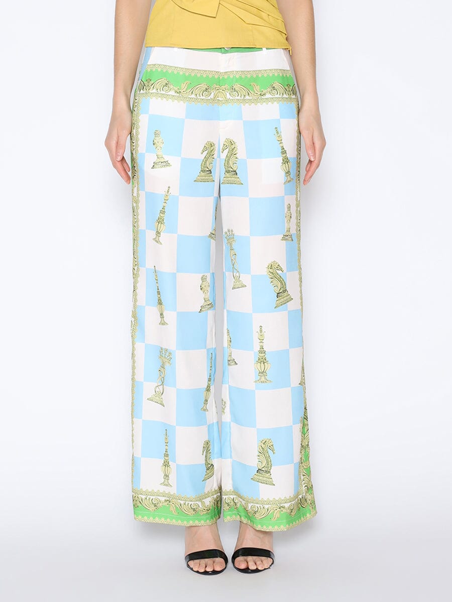 Checkmate Print Satin Pajama Pants SET Gracia Fashion BLUE S 