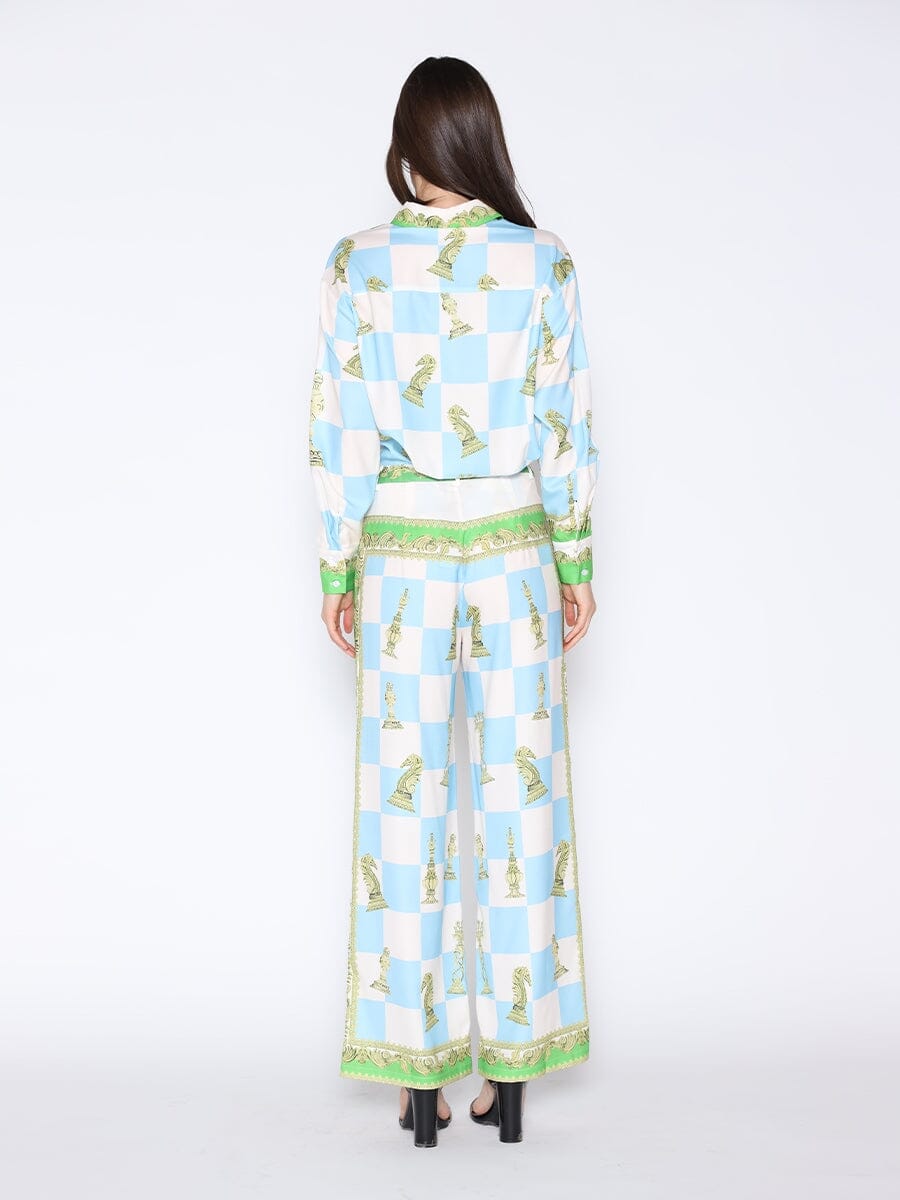 Checkmate Satin Long Sleeve Button Down Shirt SET Gracia Fashion 