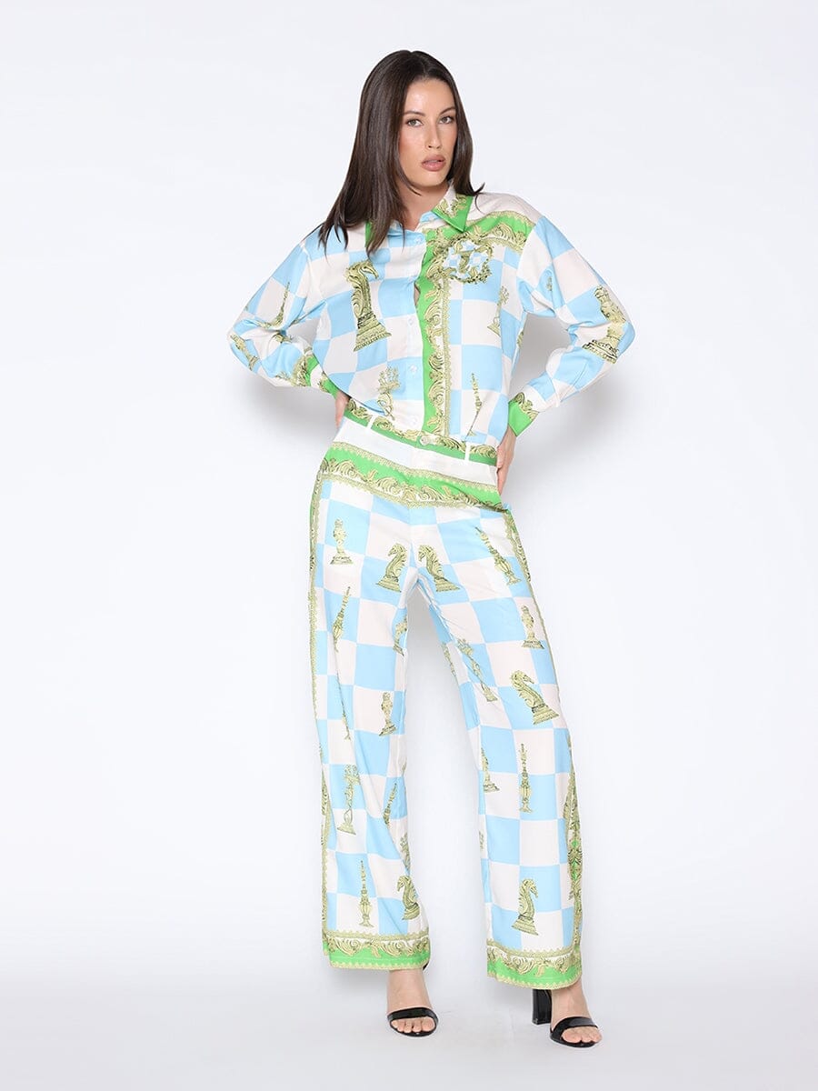 Checkmate Satin Long Sleeve Button Down Shirt SET Gracia Fashion 