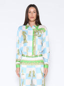 Checkmate Satin Long Sleeve Button Down Shirt SET Gracia Fashion BLUE S 