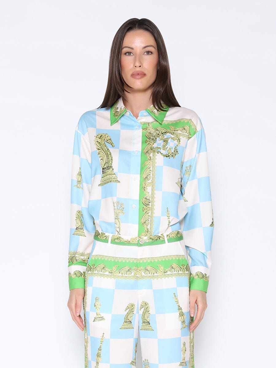 Checkmate Satin Long Sleeve Button Down Shirt SET Gracia Fashion BLUE S 