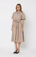 Chest Embroidery Puffed Sleeve Belt Dress DRESS Gracia Fashion 