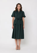 Chest Embroidery Puffed Sleeve Belt Dress DRESS Gracia Fashion HUNTER GREEN S 
