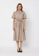 Chest Embroidery Puffed Sleeve Belt Dress DRESS Gracia Fashion TAUPE S 