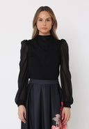 Chiffon Sleeve Top with Front-Lined Texture TOP Gracia Fashion BLACK S 