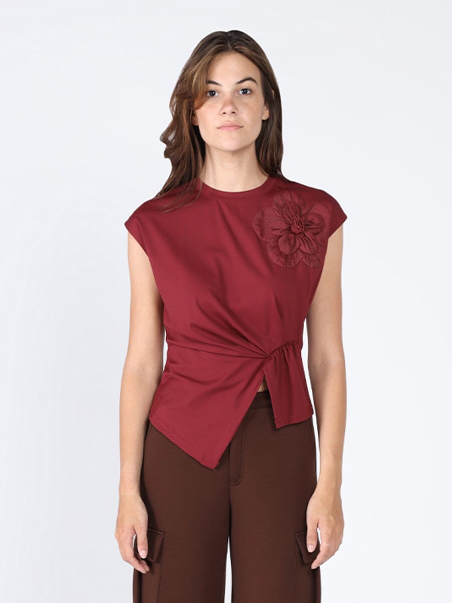 Cinched Side T-Shirt TOP Gracia Fashion BURGUNDY S 