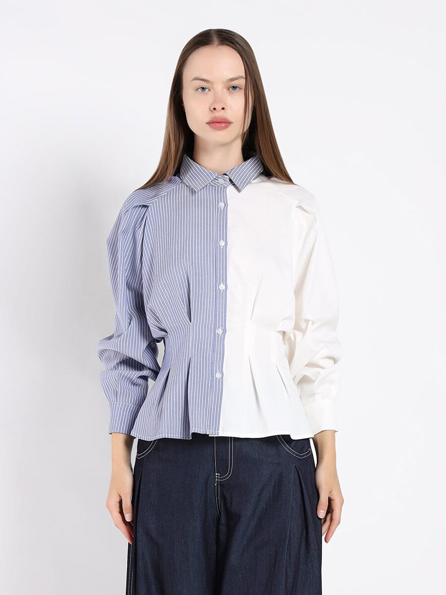 Cinched Waist Long Sleeves Button Up Top TOP Gracia Fashion WHITE S 