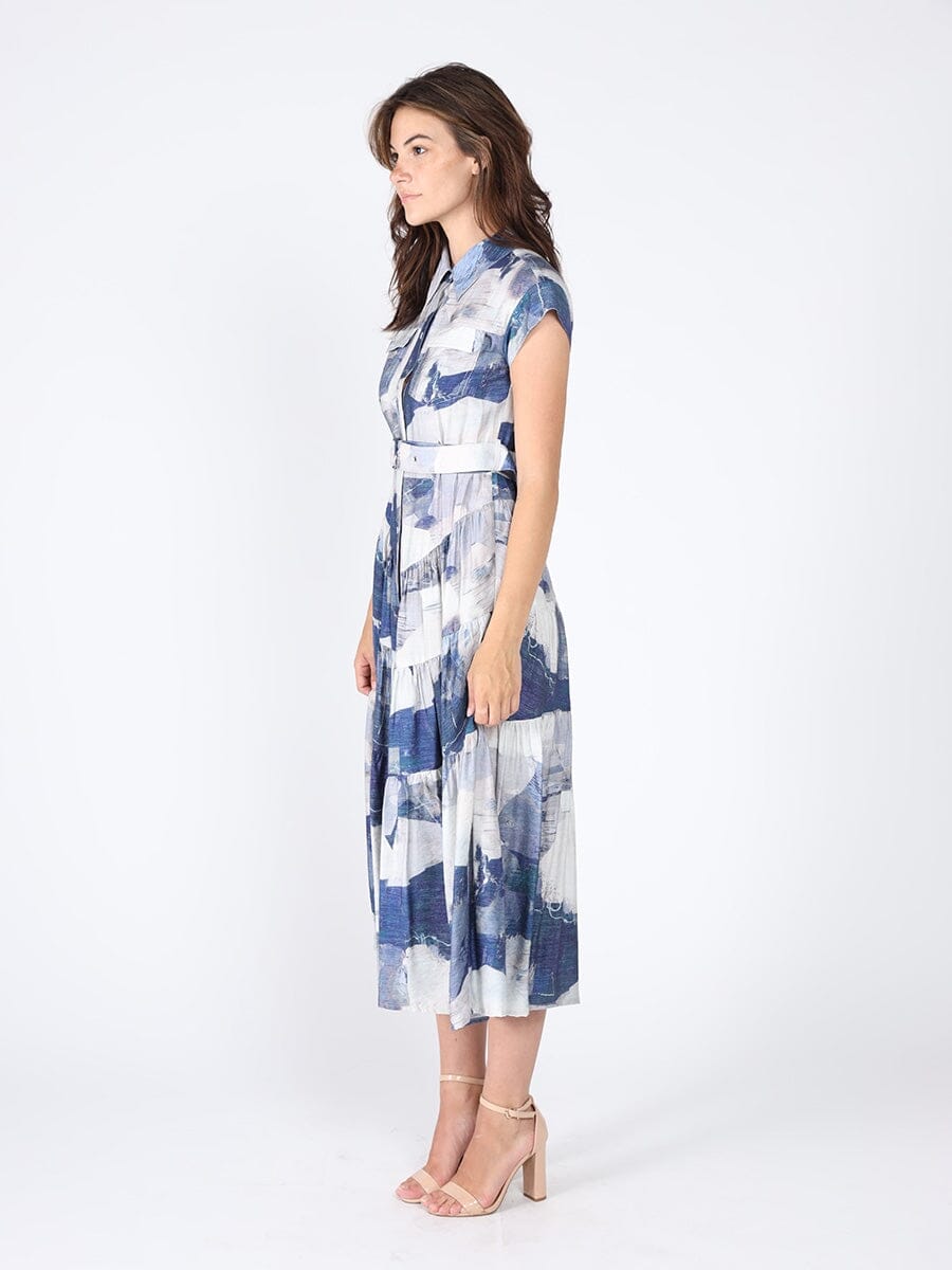Cloud Print Sleeveless Long Belt Dress DRESS Gracia Fashion 
