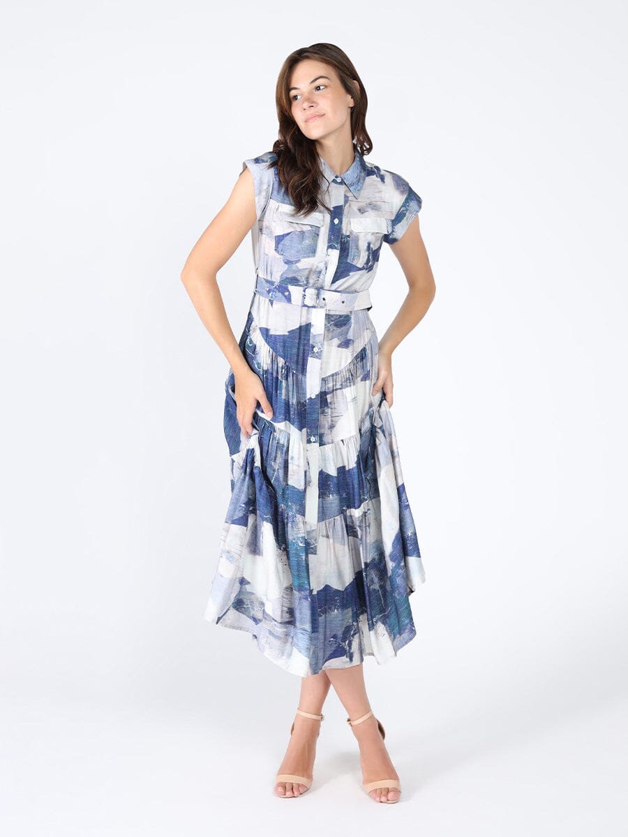 Cloud Print Sleeveless Long Belt Dress DRESS Gracia Fashion 