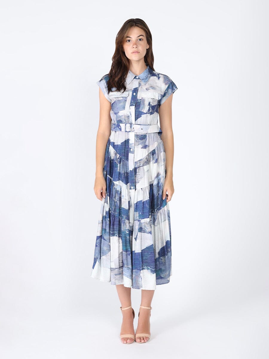 Cloud Print Sleeveless Long Belt Dress DRESS Gracia Fashion BLUE S 