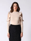 Cold Shoulder With Mesh Fabric Fitted Sweater SWEATER Gracia Fashion BEIGE S 