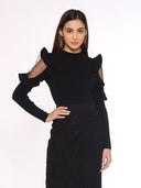 Cold Shoulder With Mesh Fabric Fitted Sweater SWEATER Gracia Fashion BLACK S 