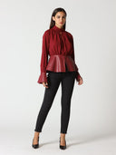 Collared Peplum Top with Pleather Details TOP Gracia Fashion 