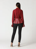 Collared Peplum Top with Pleather Details TOP Gracia Fashion 