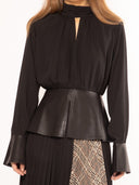 Collared Peplum Top with Pleather Details TOP Gracia Fashion BLACK S 