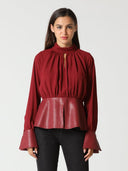 Collared Peplum Top with Pleather Details TOP Gracia Fashion BURGUNDY S 