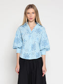 Collared Puff Sleeve Patterned Shirt TOP Gracia Fashion BLUE S 