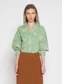 Collared Puff Sleeve Patterned Shirt TOP Gracia Fashion GREEN S 