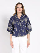 Collared Puff Sleeve Patterned Shirt TOP Gracia Fashion NAVY S 