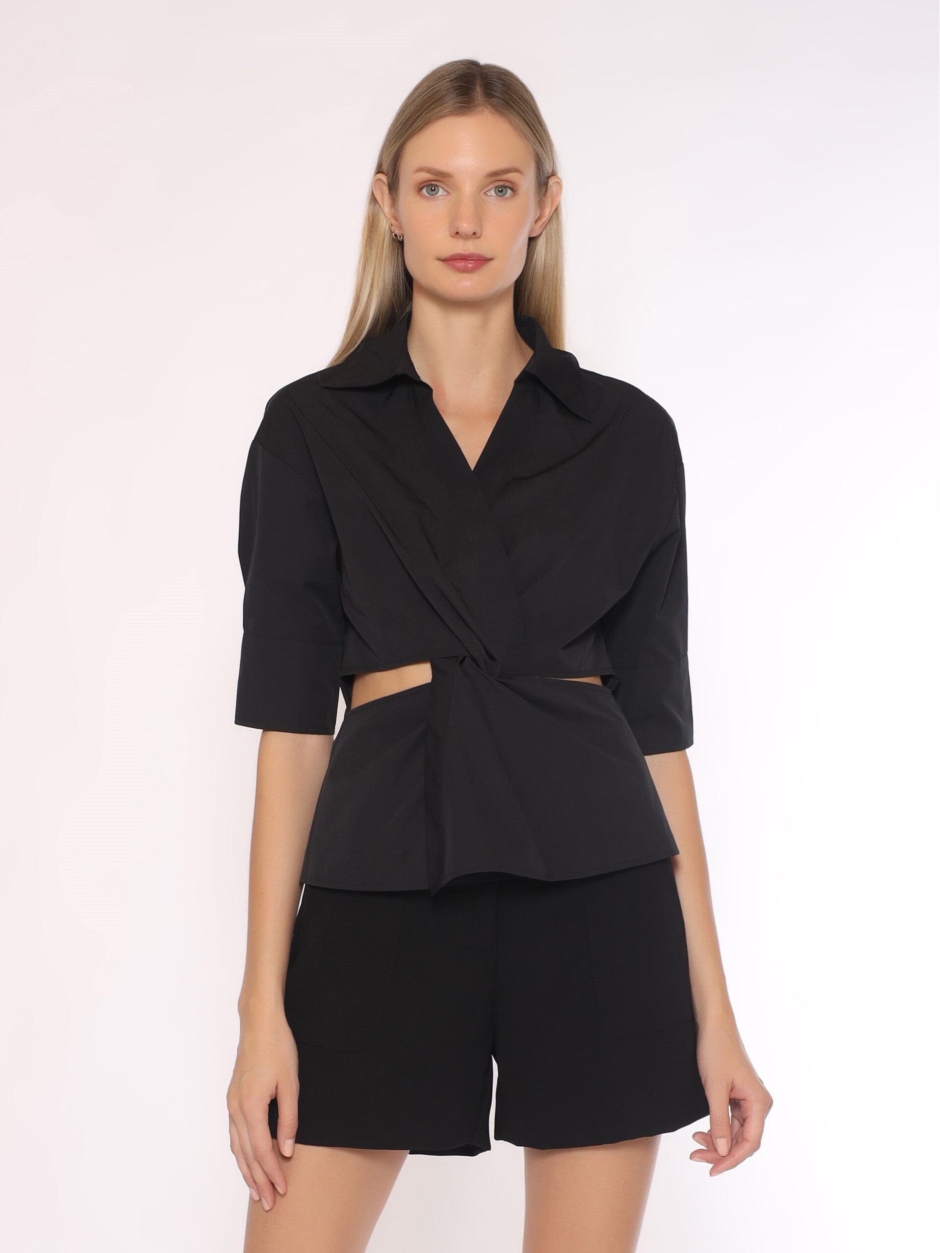 Collared Twisting Point Top with Cut Outs TOP Gracia Fashion BLACK S 