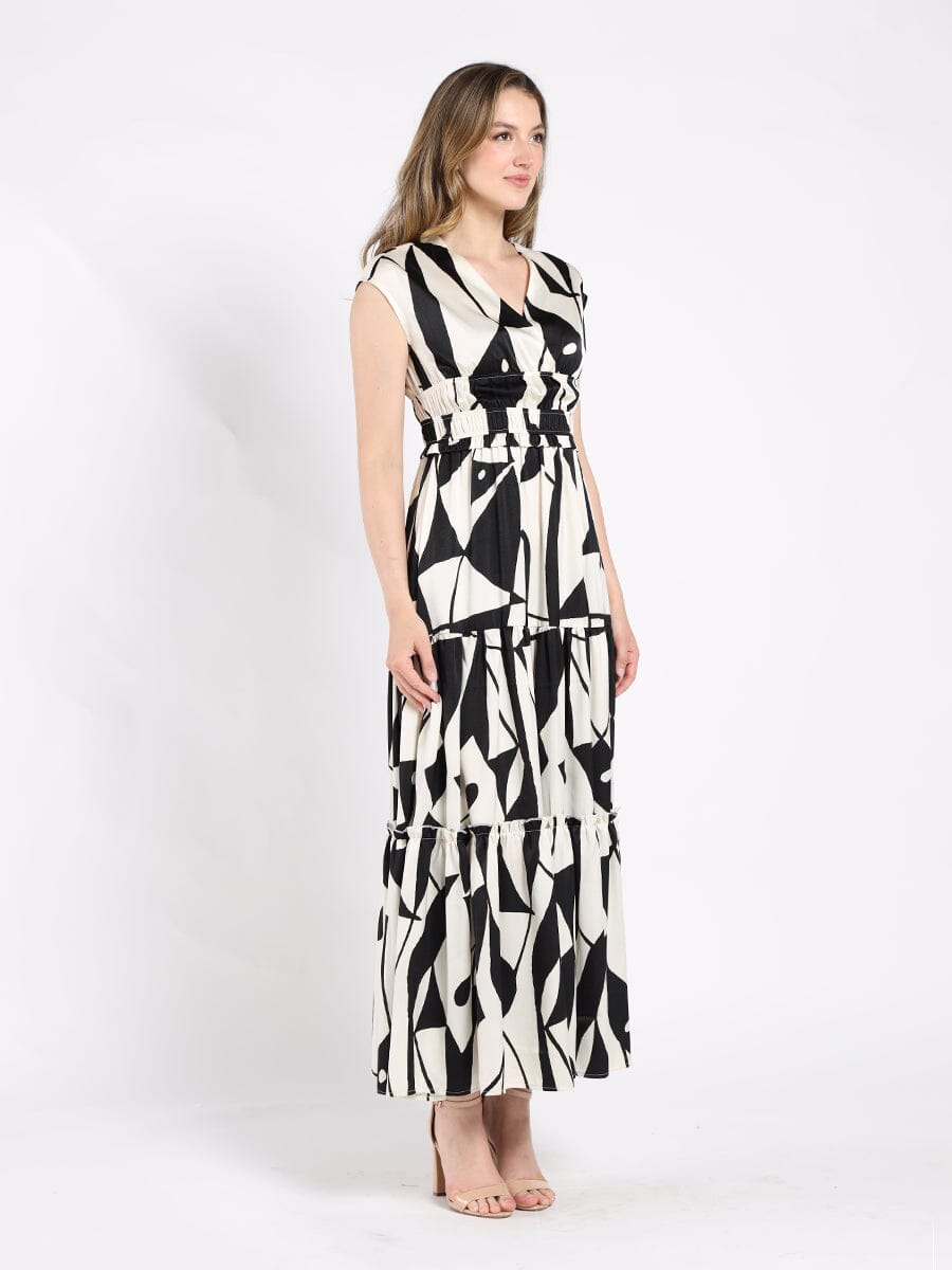 Color Block Print V-Neck Cap Sleeve Tiered Dress DRESS Gracia Fashion 