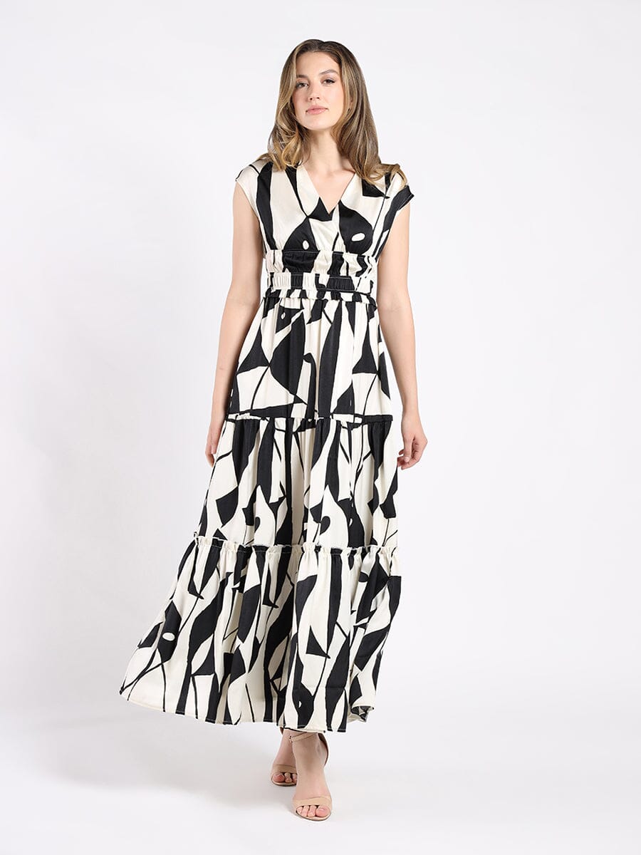 Color Block Print V-Neck Cap Sleeve Tiered Dress DRESS Gracia Fashion BLACK/WHITE S 