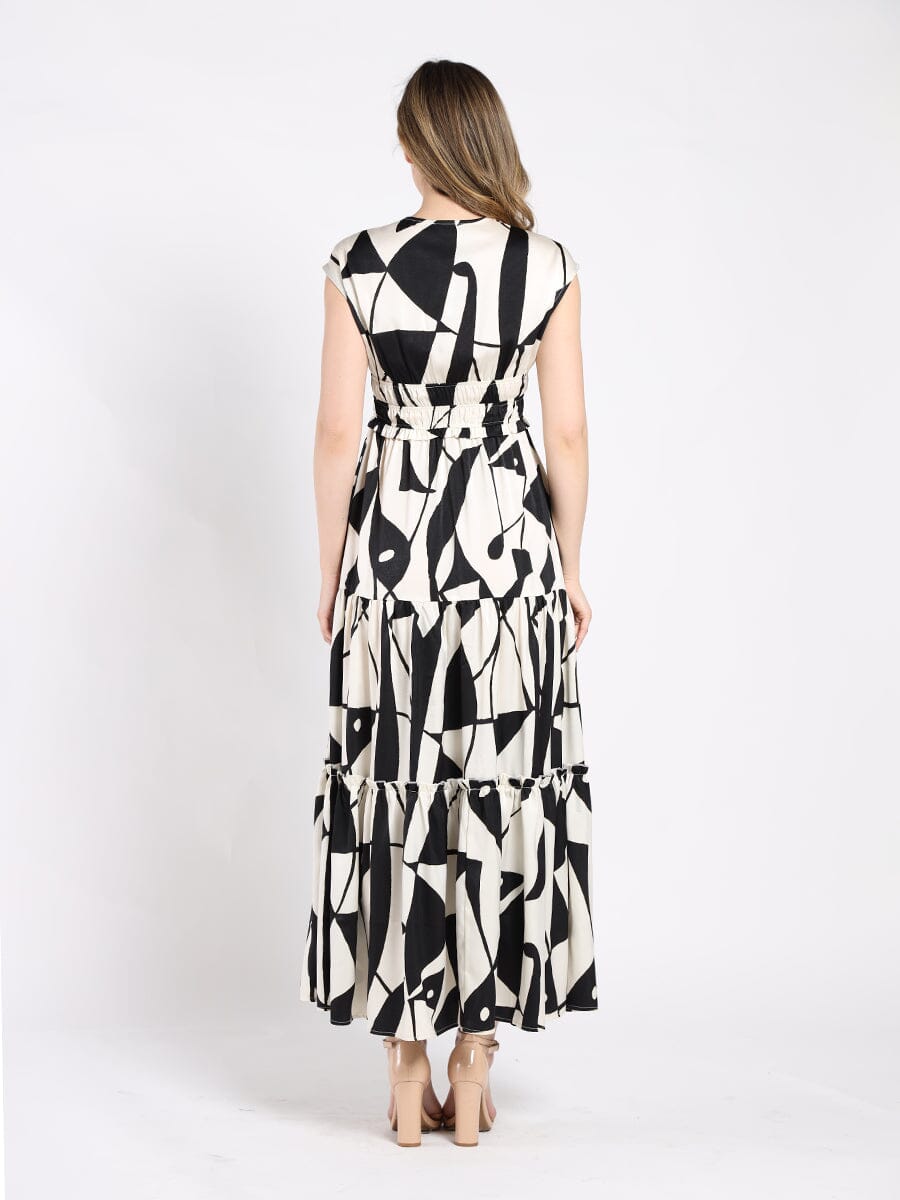 Color Block Print V-Neck Cap Sleeve Tiered Dress DRESS Gracia Fashion 