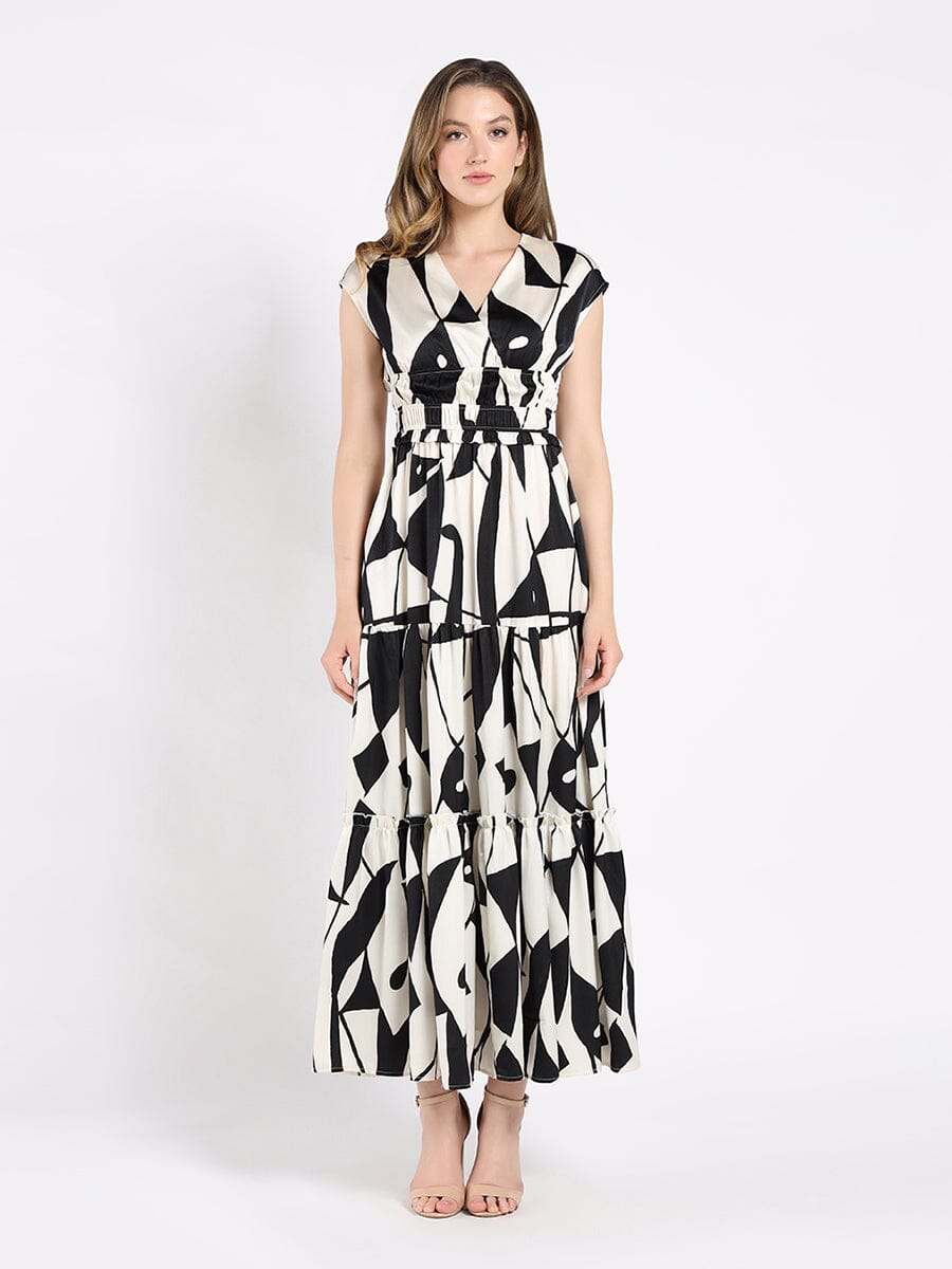 Color Block Print V-Neck Cap Sleeve Tiered Dress DRESS Gracia Fashion BLACK/WHITE S 