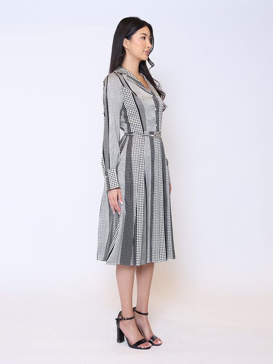 Color Block Satin Lapel Collared Belted Dress DRESS Gracia Fashion 